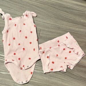 Pink Baby Romper and Shorts Set with Red Hearts